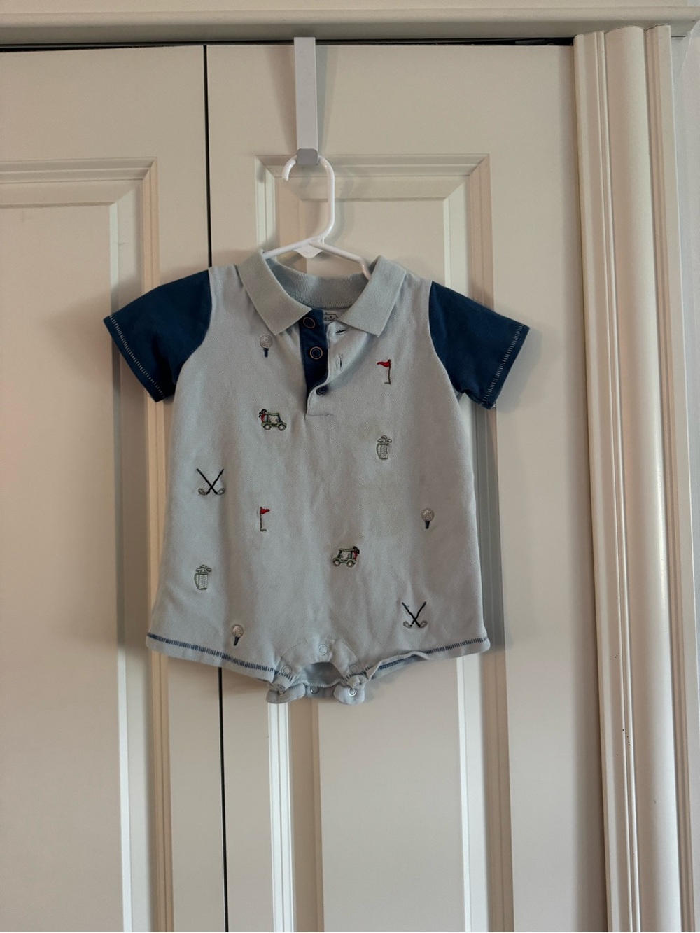 Mud Pie Light Blue Polo Romper with Navy Sleeves